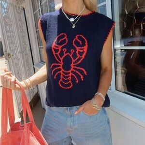 MOON & MADISON Navy Sleeveless Red Knitted Lobster Design Top